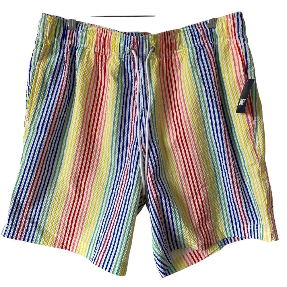NEW LANDS' END Men's Colorful Striped Swim Shorts Size Large Pockets Coastal